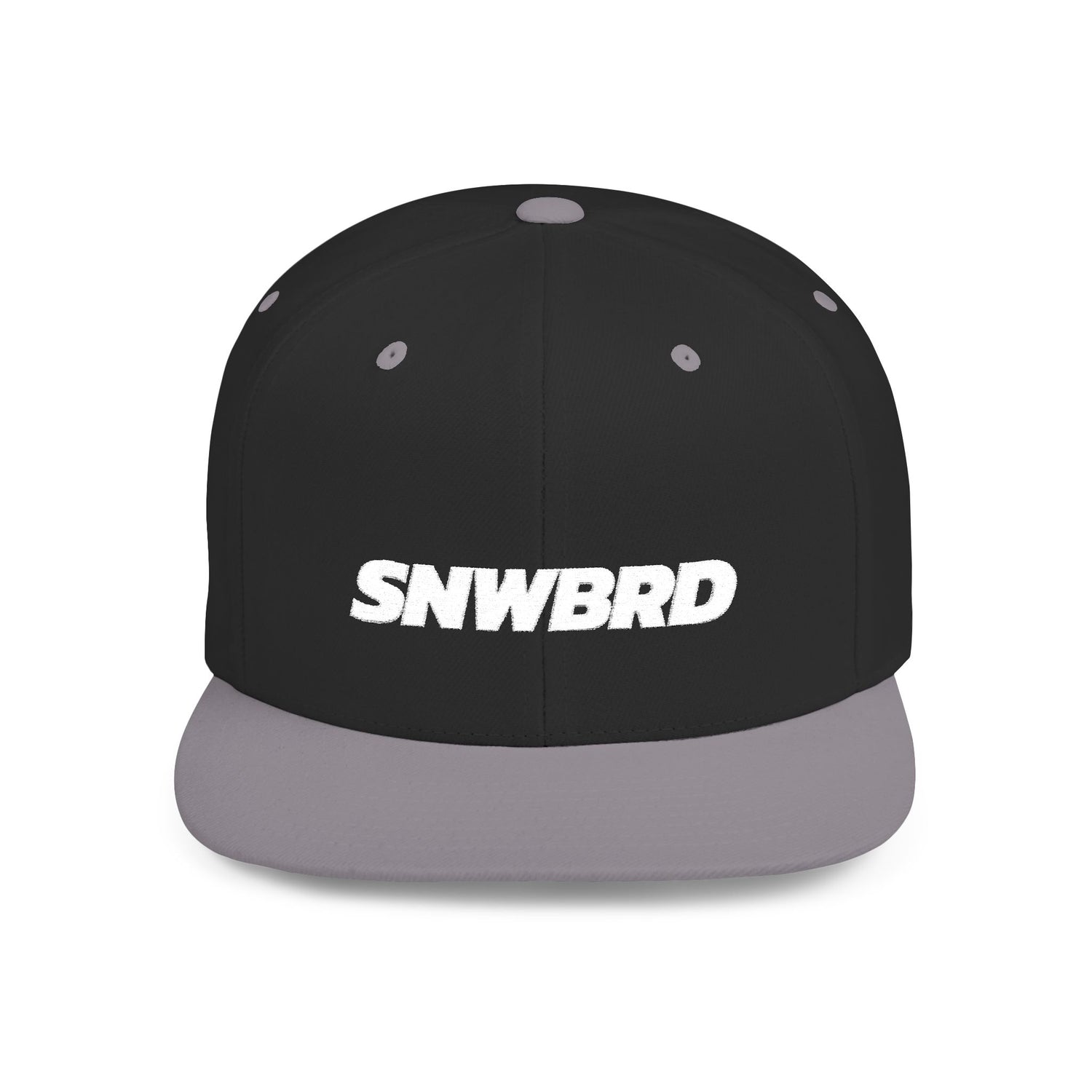 Black and gray cap with white 'SNWBRD' text logo 